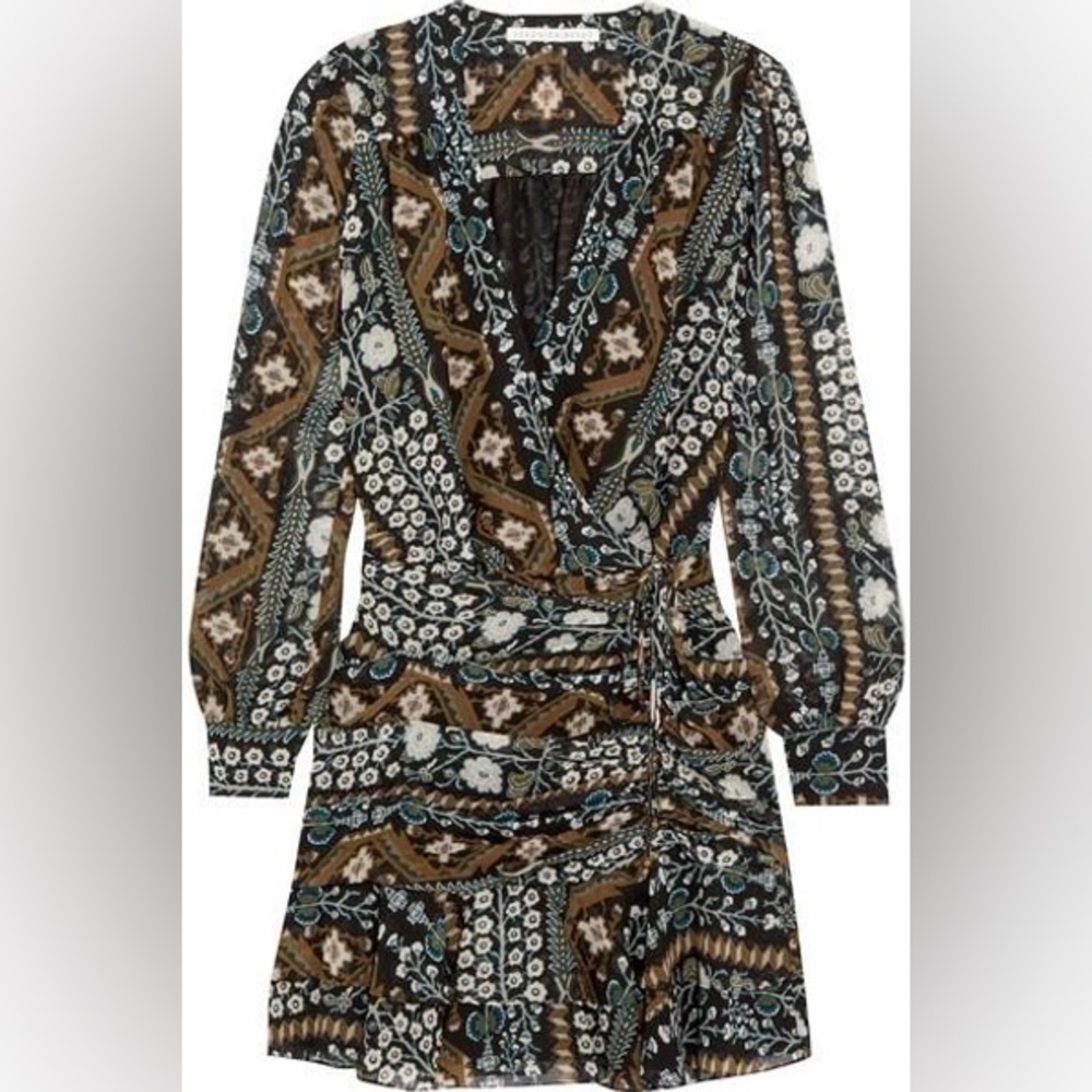 Veronica Beard Edison Ruched Printed Chiffon Mini Dress In Blue